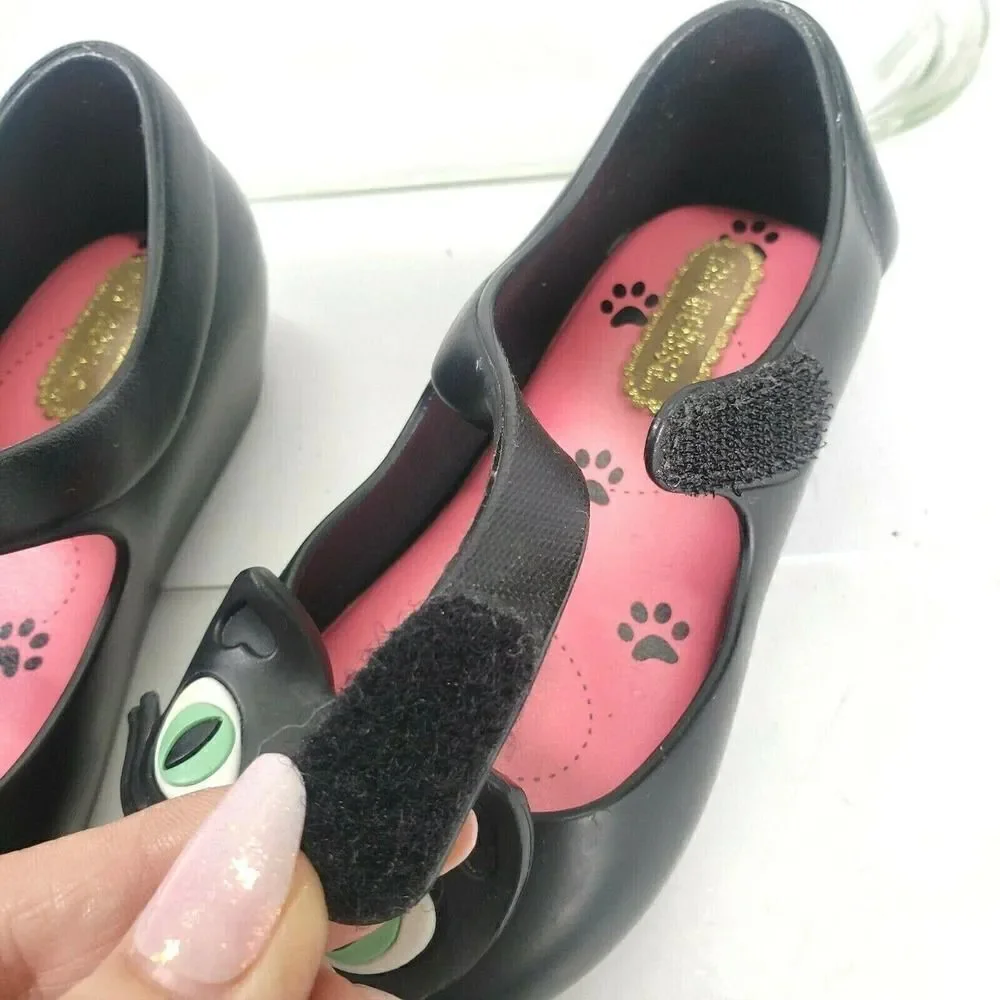 Mini Melissa girls size 7 black‎ cat ultragirl mary jane peep toe hook and loop